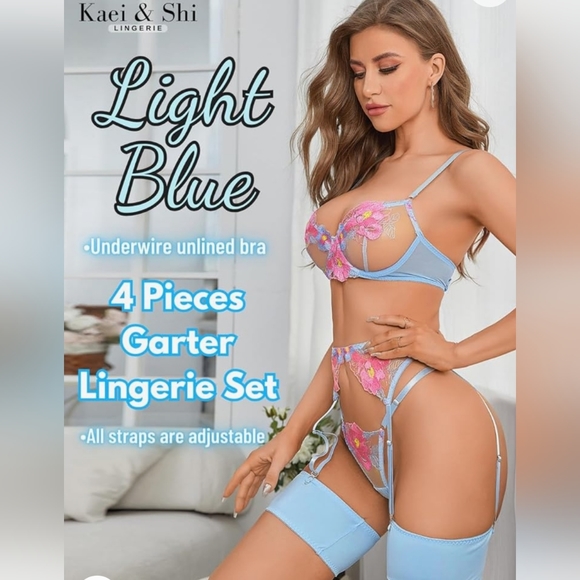 Kaei&Shi Floral Embroidered, Underwire, G-String, Garter Belt, 4 Pieces Lingerie - Picture 2 of 6